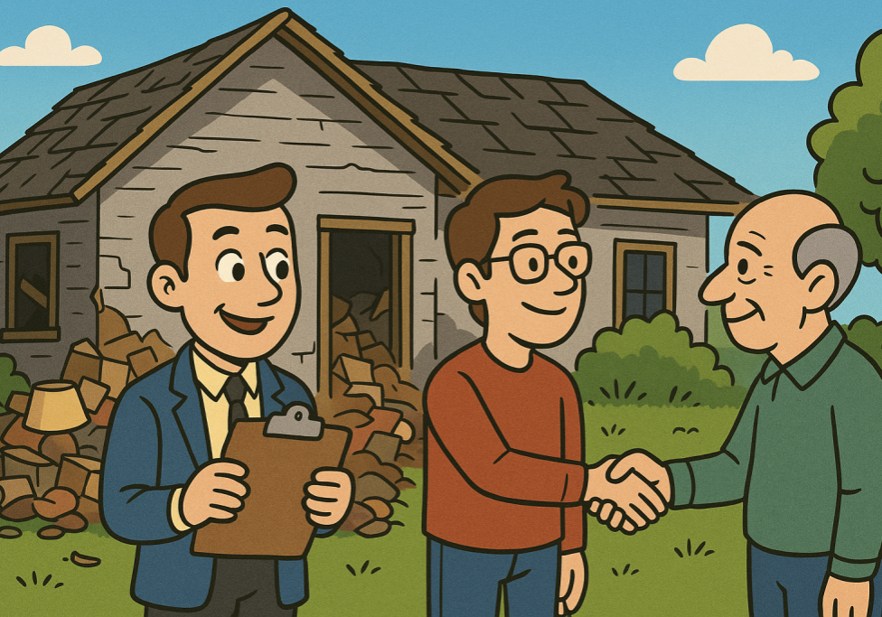 Cartoon buyer holding clipboard while adult child and parent shake hands outside Stockton hoarder house