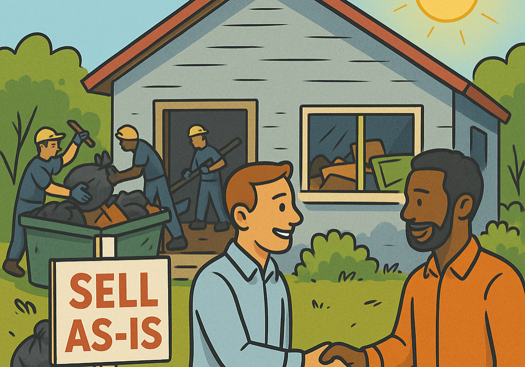 Cartoon-style illustration of a seller and buyer shaking hands in front of a cluttered house with a “Sell As-Is” sign, while a cleanup crew loads trash into a dumpster on a sunny day in California