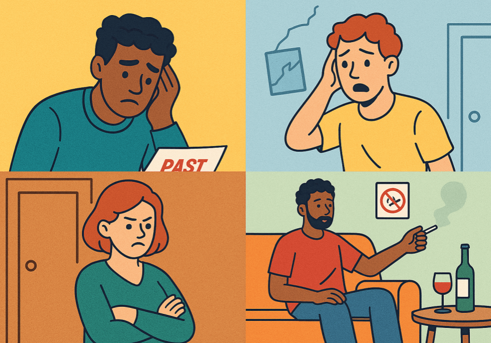 2D illustration of a frustrated landlord in a rental property while tenants cause issues, including late rent, property damage, and noise disturbances.