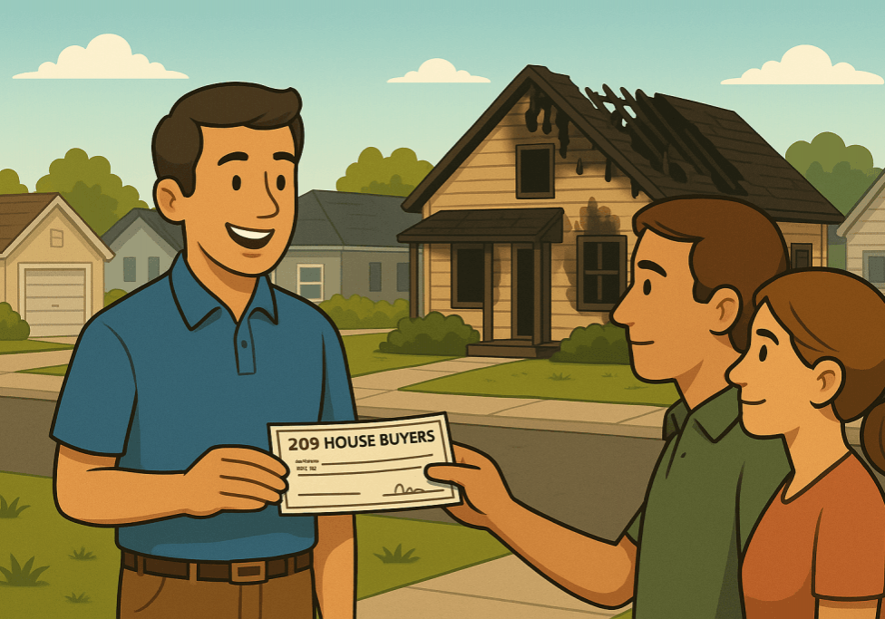 Cartoon-style image of a smiling buyer holding a check while speaking with a couple in front of a burned house in a suburban neighborhood.