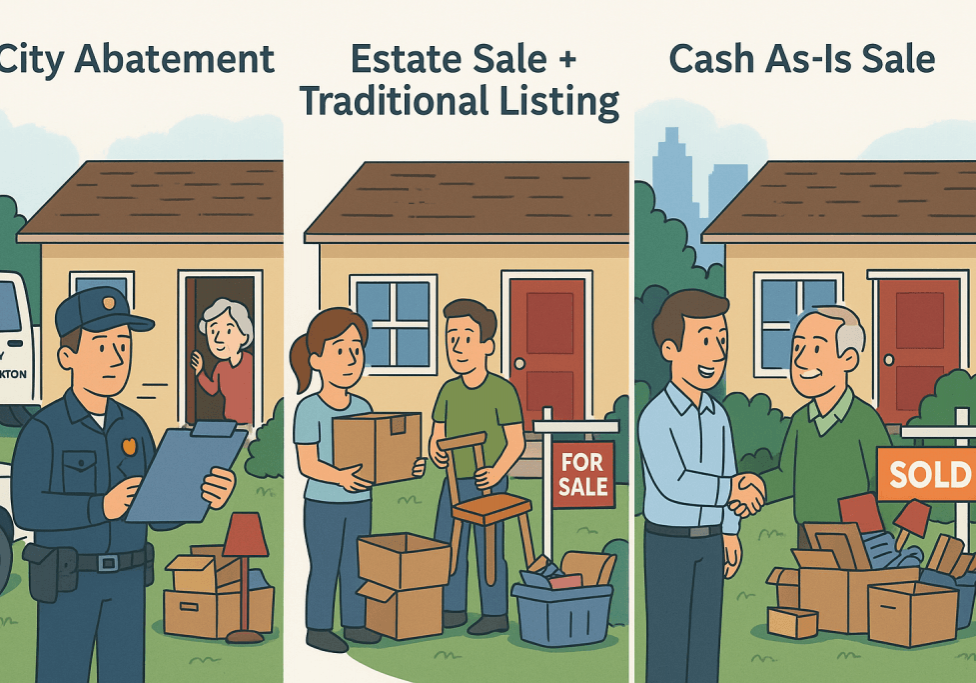 Cartoon showing three selling options for a cluttered Stockton home: city abatement with officer and stressed owner, estate sale with people cleaning and for sale sign, and cash as-is sale with buyer shaking hands and sold sign