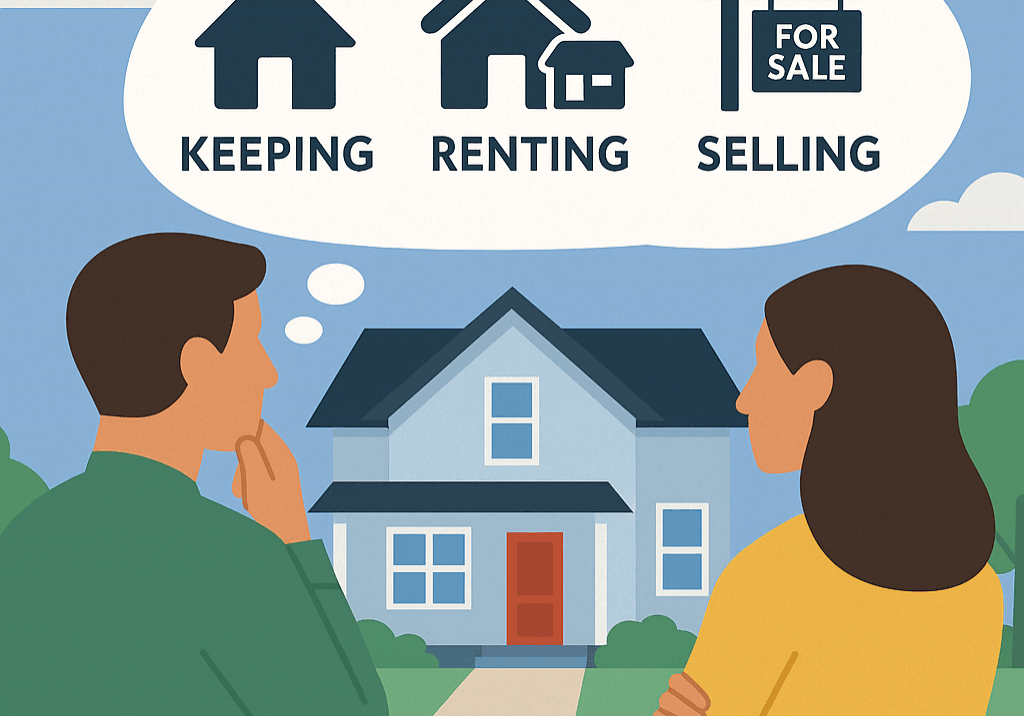 Illustration of two people standing in front of a house with a thought bubble showing options: keeping, renting, or selling the inherited property in Stockton