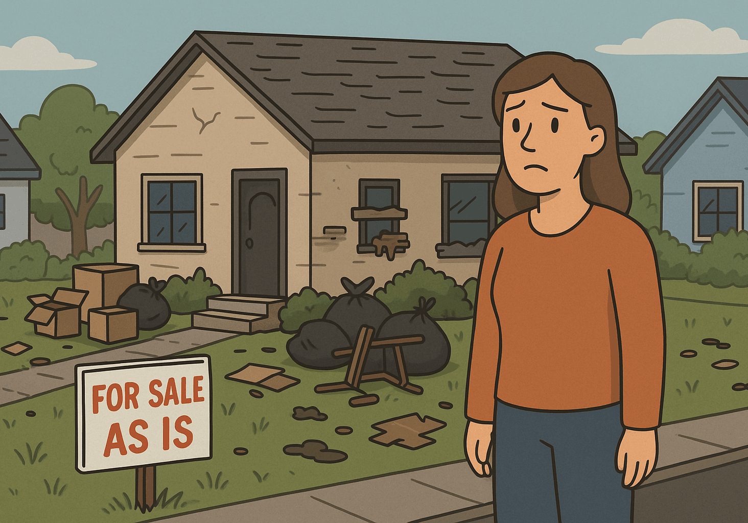 Illustration of a Concerned woman in front of a messy, run-down house with a “For Sale As Is” sign and trash scattered in the yard in a California neighborhood