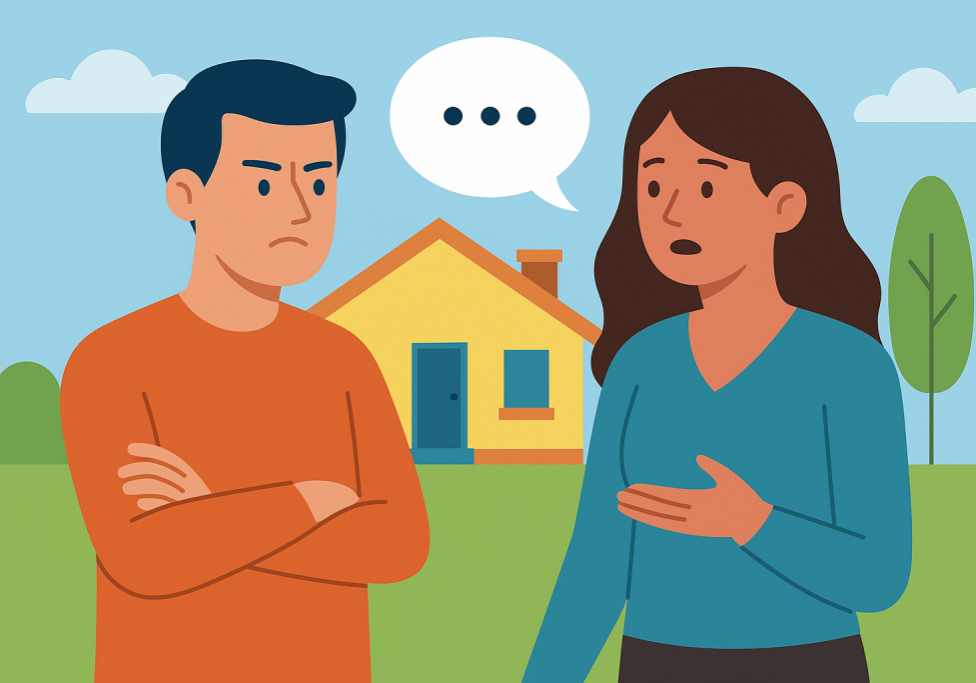 Illustration of two family members standing in front of a Stockton house, having a serious conversation about inherited property with a speech bubble between them