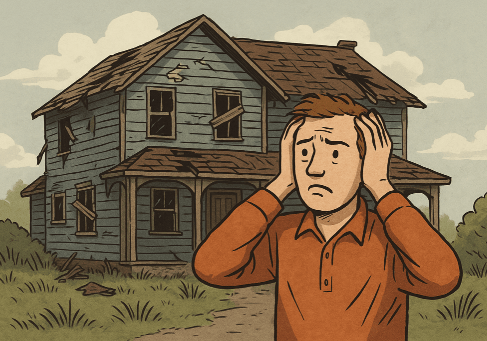 Cartoon-style illustration of a visibly stressed homeowner standing in front of a rundown house, representing the emotional burden and uncertainty of handling repairs or cleanouts on an inherited property.