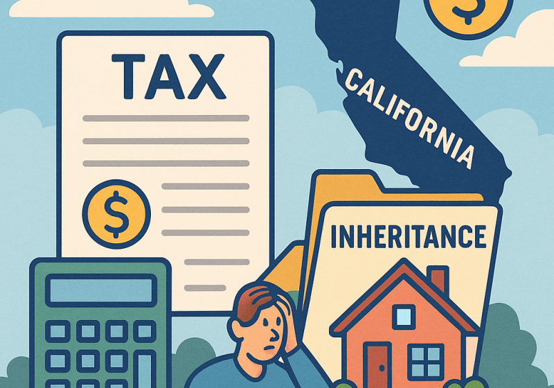 Cartoon-style digital illustration representing California property taxes and inheritance statistics, featuring documents, a calculator, a house, and financial icons.