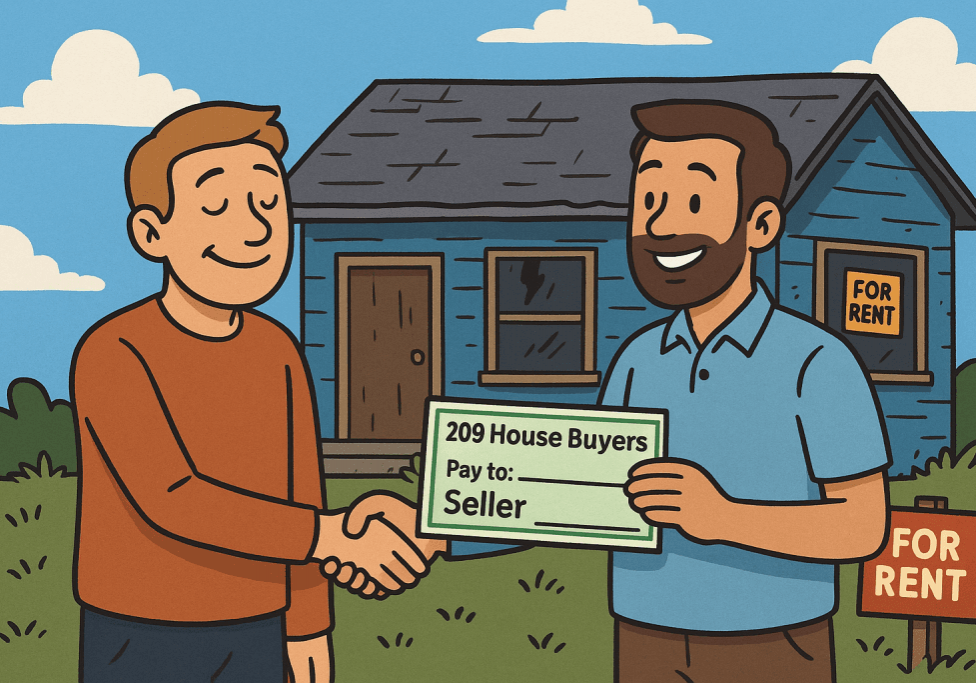 Cartoon-style illustration of a relieved landlord shaking hands with a casual cash buyer outside a worn rental home with a “For Rent” sign in the window and a realistic check from 209 House Buyers