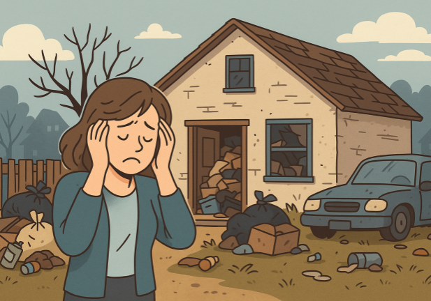 Cartoon-style illustration of a distressed woman standing outside a cluttered inherited home in Stockton, surrounded by trash bags, a broken-down car, and piles of junk inside the doorway