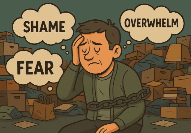 Cartoon-style illustration of a distressed middle-aged man sitting among piles of clutter, holding his head in frustration. Thought bubbles above him read "SHAME," "FEAR," and "OVERWHELM." A heavy chain is wrapped around his chest and arms, visually symbolizing the emotional and psychological burdens of selling a hoarder house