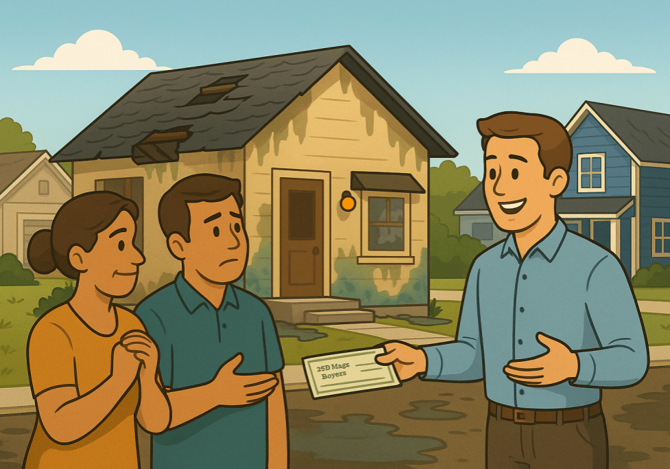 Cartoon-style image of a couple standing with a cash home buyer in front of a house with water damage, visible mold stains, and a sagging roof, with a well-kept neighboring home in the background.