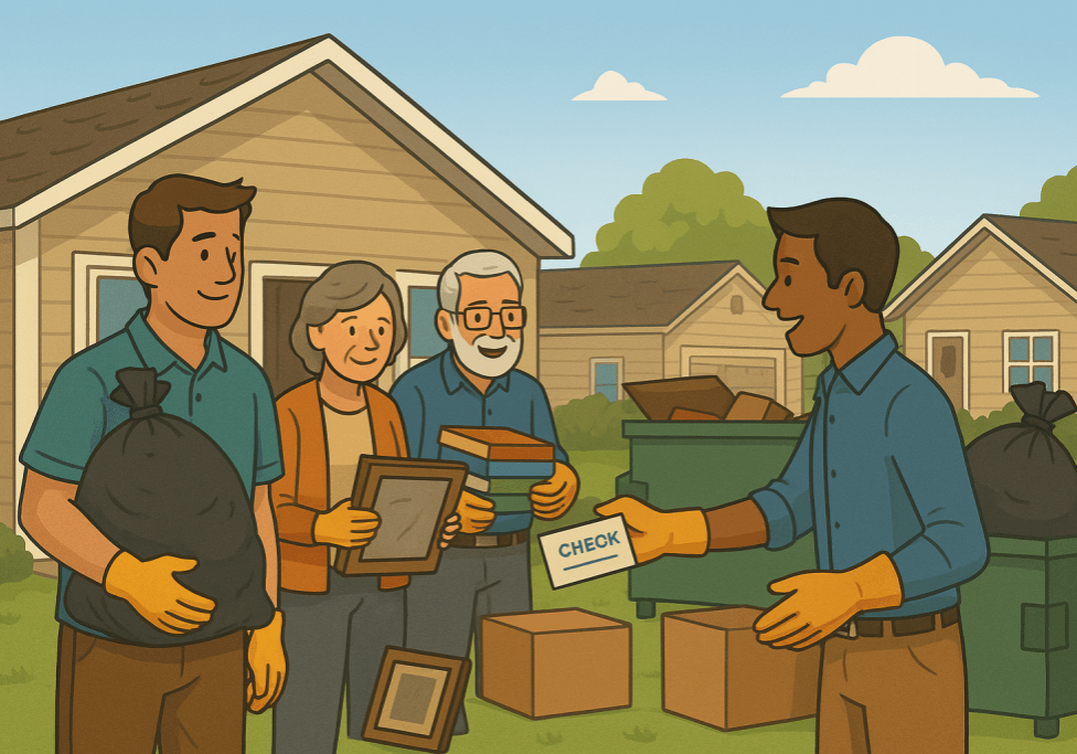 Cartoon family smiling while cleaning out an inherited home, accepting a check from a friendly buyer outside a cluttered house in California