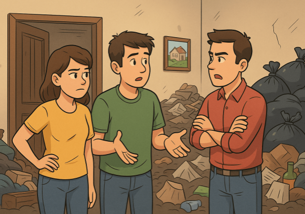 Cartoon-style image of three siblings standing in a cluttered, trash-filled hoarder house in Modesto, visibly frustrated and arguing over what to do with the inherited property