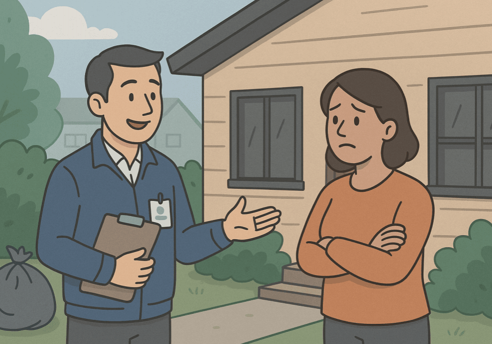 Illustration of A social worker with a clipboard speaking to a concerned homeowner outside a cluttered suburban house in California