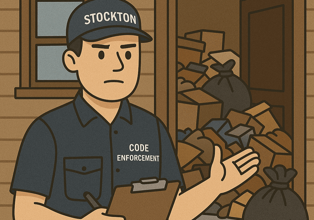 Cartoon code-enforcement officer posting notice on cluttered Stockton house