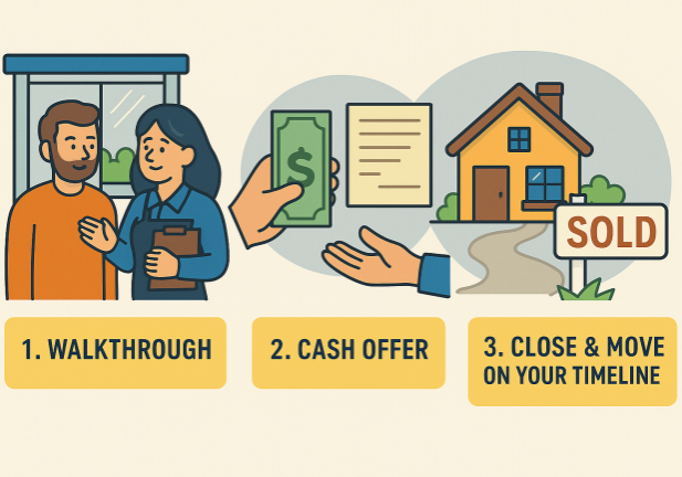 Cartoon-style illustration showing a simple three-step process for selling a house: walkthrough with a buyer, receiving a cash offer, and a house marked “sold” with a sign out front