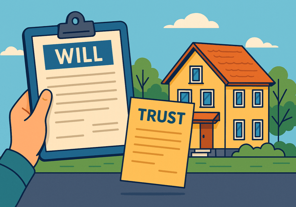 Illustration showing a hand holding a clipboard with a will and a separate trust document in front of a yellow house, symbolizing inheritance and legal steps
