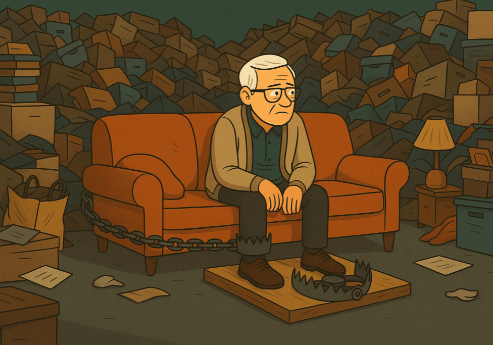 Cartoon-style illustration of an elderly man with white hair and glasses sitting on an orange couch in a cluttered hoarder home. His expression is sad and defeated as he looks to his left. A bear trap is clamped around his ankle, with a heavy chain connecting the trap to the surrounding mess of boxes, books, and scattered junk on the floor and in the background