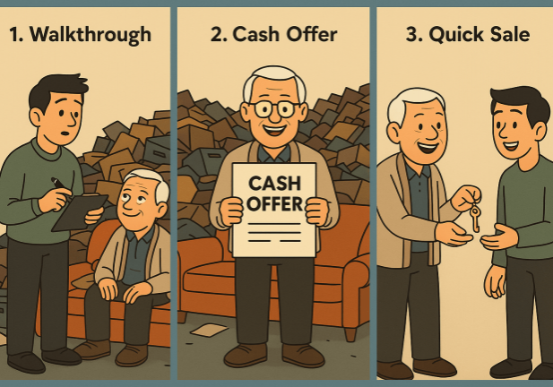 Three-panel cartoon-style illustration showing the process of selling a hoarder house. Panel 1: A young man with a clipboard speaks to an older man sitting on a couch in a cluttered room, labeled "1. Walkthrough." Panel 2: The older man smiles while holding a document labeled "Cash Offer," with "2. Cash Offer" above. Panel 3: The older man happily hands a key to the younger man, who reaches out to receive it, under the heading "3. Quick Sale."