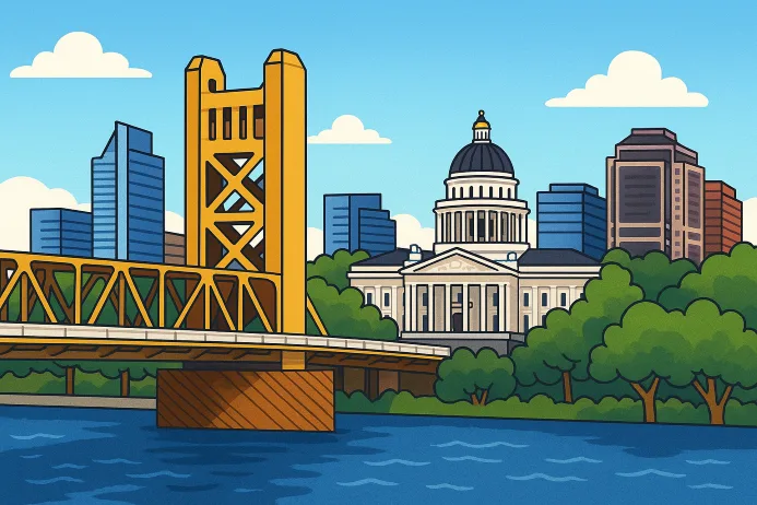 Cartoon-style image of Sacramento with the yellow Tower Bridge, State Capitol building, and city skyline in the background