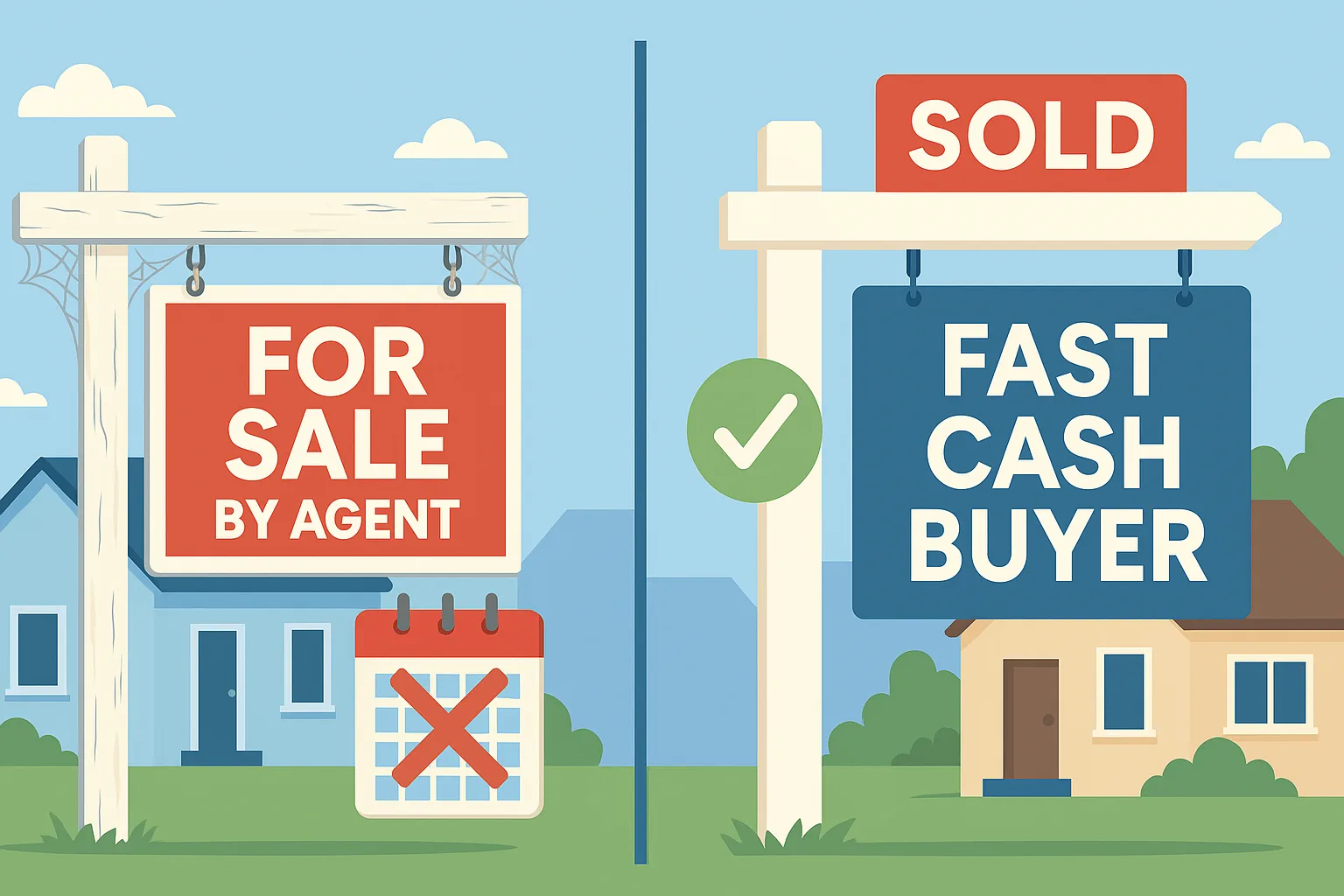 Cartoon image showing an old 'For Sale by Agent' sign with cobwebs and calendar next to a home, contrasted with a 'Fast Cash Buyer' sign marked 'SOLD' in front of a newer house, representing the faster and easier home selling method