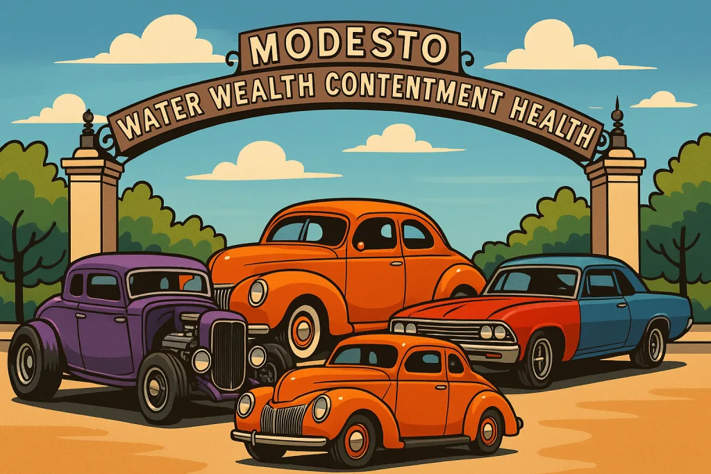 artoon-style illustration of the Modesto Arch with classic hot rods from the 1930s to 1960s parked in front, symbolizing Graffiti Night and local car culture.