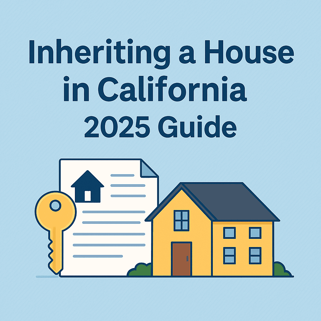 Cartoon-style image of a Northern California house with legal documents and emotional family elements representing the stress and options of selling an inherited home.