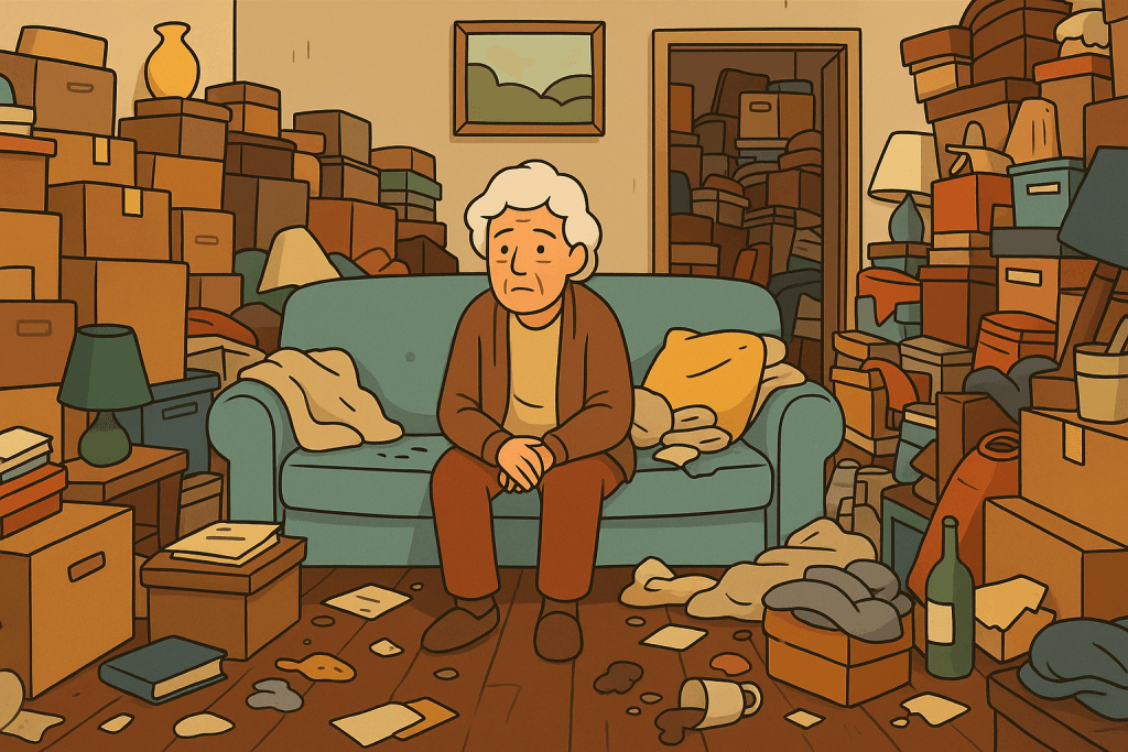 Cartoon-style image of an older woman sitting on a cluttered teal couch in a hoarder-style living room, surrounded by piles of boxes, clothes, books, and miscellaneous household items. The mess reaches up the walls and fills the floor, with a narrow walkway leading to the couch. The woman looks tired and overwhelmed.