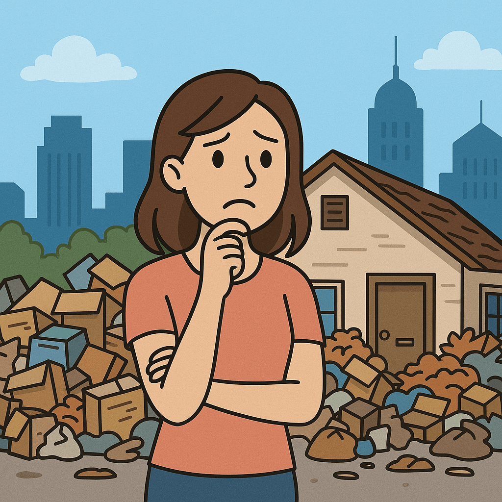 Cartoon adult daughter looking at cluttered Stockton home with city skyline in background