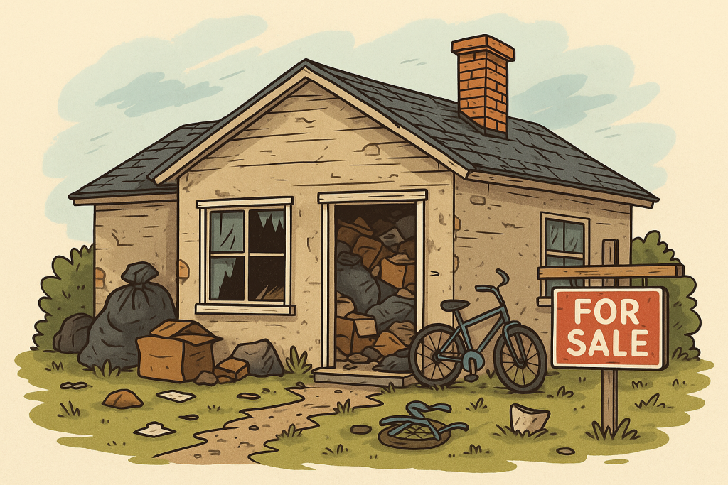Cartoon-style image of a cluttered inherited hoarder house with junk-filled doorway, broken-down yard, and a “For Sale” sign, representing homes sold in Stockton, Modesto, and Lodi without cleanup
