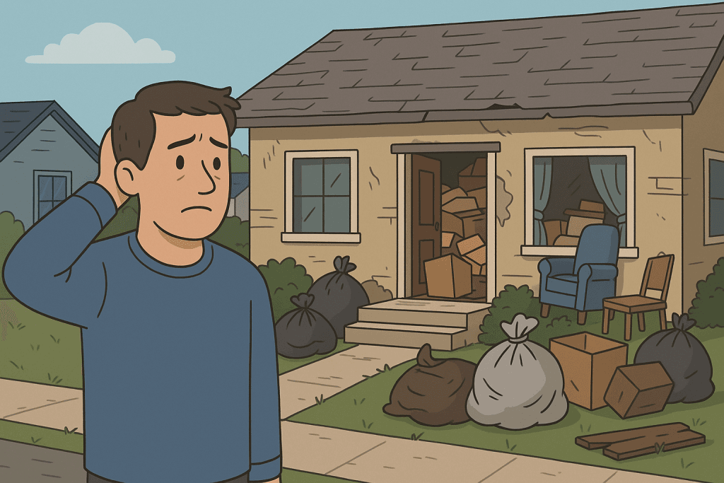 Illustration of a Overwhelmed homeowner standing in front of a cluttered, run-down hoarder house in Stockton, California, surrounded by trash bags and old furniture.