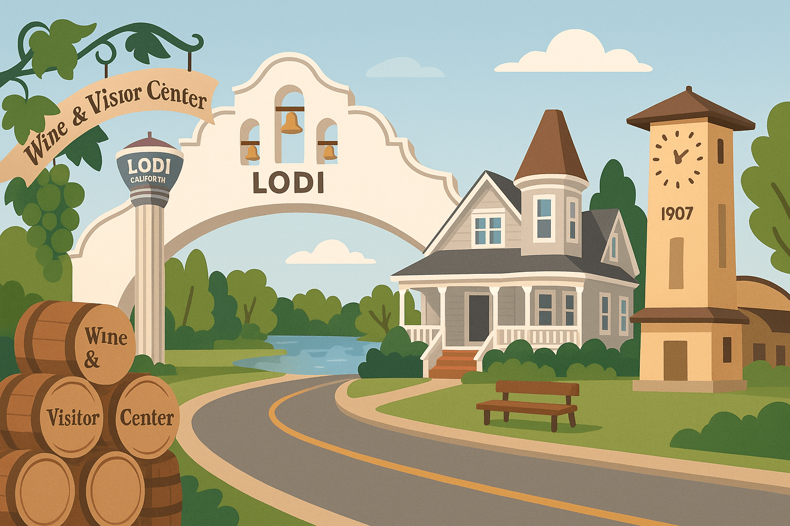 Lodi Landmarks Illustration – Lodi Arch, Water Tower, Wine Visitor Center, Lodi Lake, Victorian Home Cartoon illustration of Lodi landmarks featuring the Lodi Arch crossing the street, Lodi water tower, Wine & Visitor Center barrels, Victorian house, clock tower, and Lodi Lake with a park bench in the foreground.