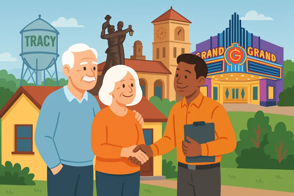 Cartoon illustration of Tracy homeowners talking with a local cash home buyer, with Tracy landmarks in the background