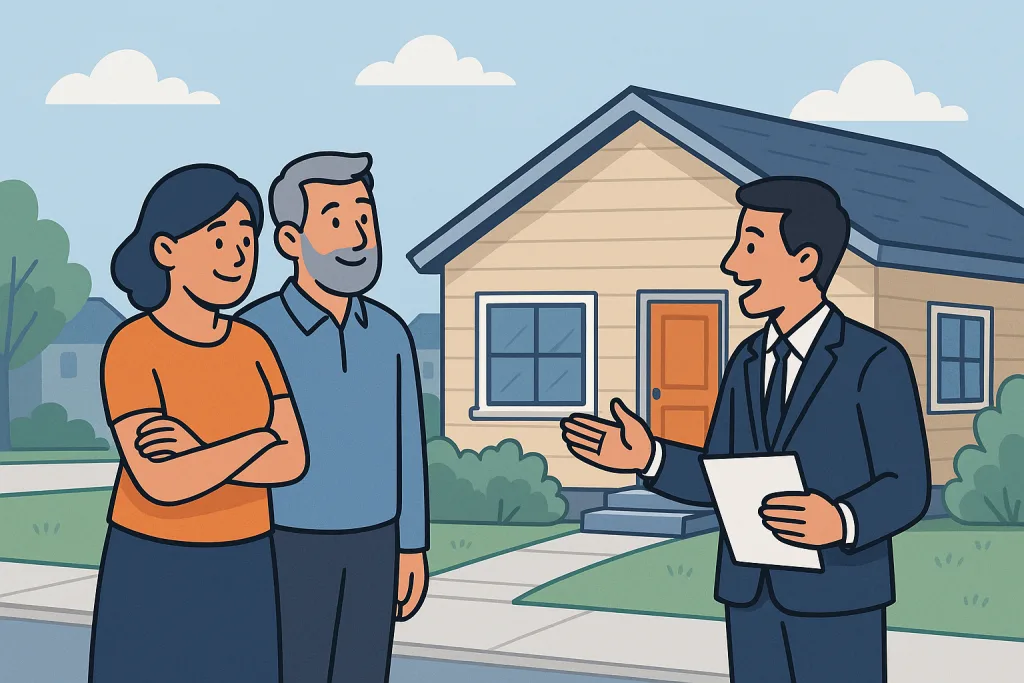 Cartoon illustration of happy Tracy homeowners talking with a local cash home buyer