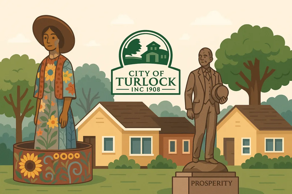 Illustration of Turlock, California neighborhood with mosaic and bronze statues, City of Turlock logo, and single-story suburban homes in the background