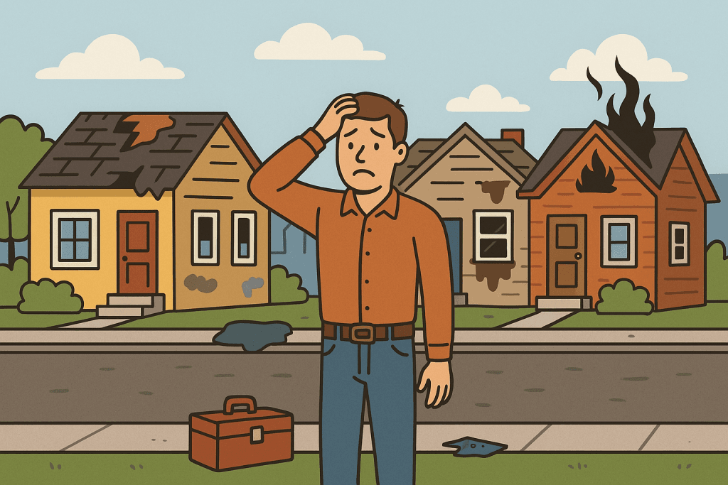Cartoon of Distressed Turlock Homes with Overwhelmed Homeowner in Front Yard Cartoon houses with visible fire, water, and roof damage on a suburban street, showing different types of fixer-upper homes we buy as-is in Turlock