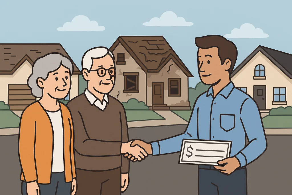 Illustration of an older light-skinned couple shaking hands with a cash buyer holding a check, with a visibly distressed house in the background between well-kept homes in a suburban neighborhood