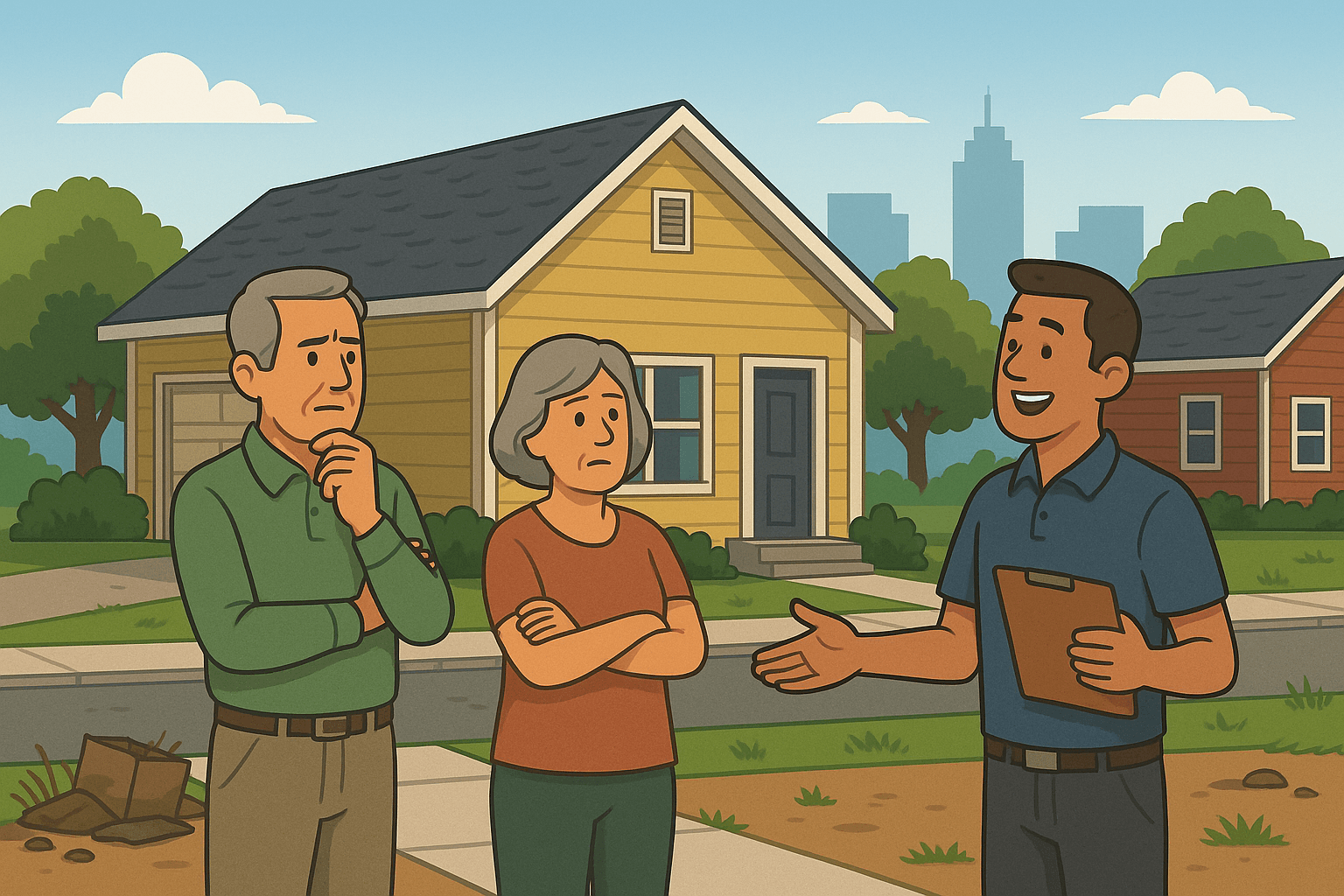 Cartoon Buyer Explaining Offer Process to Worried Homeowners in Front of Turlock House Illustration of a real estate buyer holding a clipboard and speaking to a concerned older couple in front of a worn suburban house, representing the simple 3-step cash offer process in Turlock, California