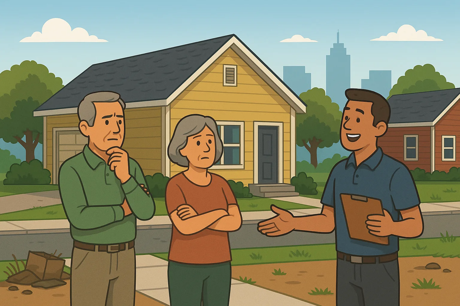 Illustration of a real estate buyer holding a clipboard and speaking to a concerned older couple in front of a worn suburban house, representing the simple 3-step cash offer process in Turlock, California