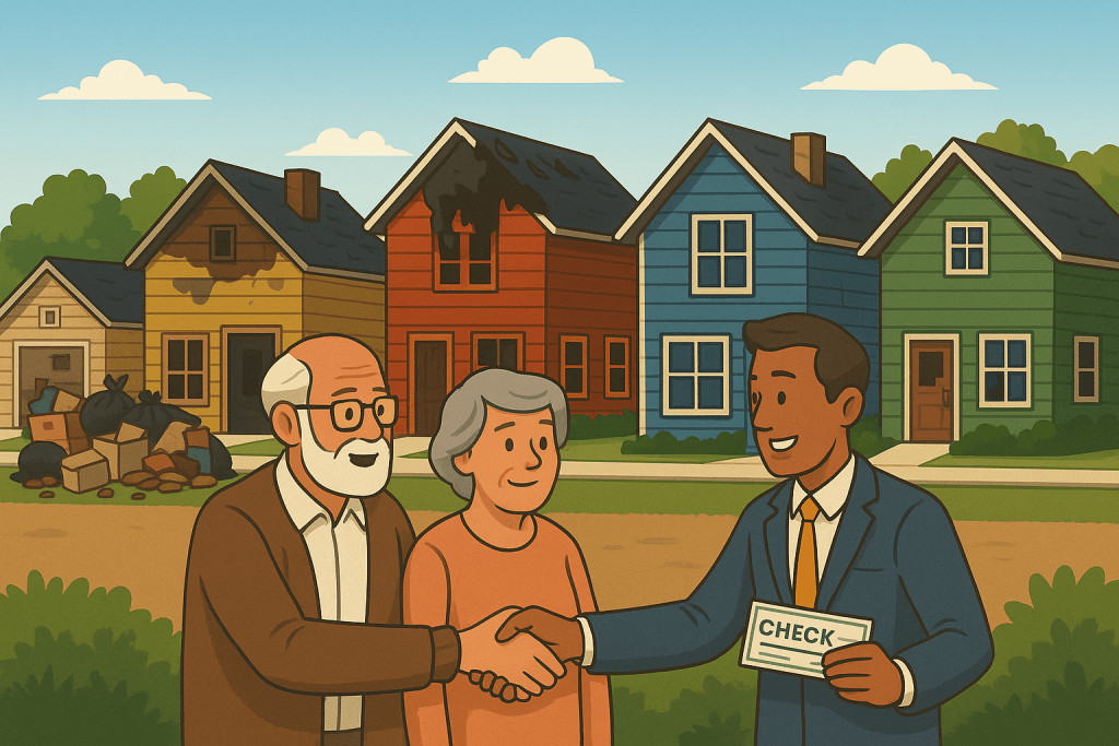 Cartoon illustration showing multiple distressed homes in California—including fire, hoarder, and tenant-damaged properties—with a friendly cash buyer meeting a family in front of the houses