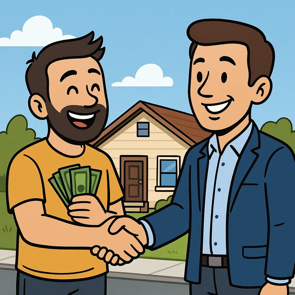Cartoon-style image of a smiling homeowner in Ceres shaking hands with a local cash home buyer in front of a modest house, symbolizing a fast and stress-free sale.