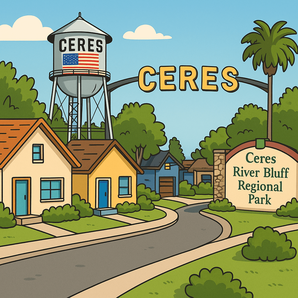 Neighborhood Homes in Ceres, CA with Local Landmarks Cartoon-style illustration of a quiet neighborhood in Ceres, CA featuring the Ceres water tower, the CERES archway, and the River Bluff Regional Park sign in the background.