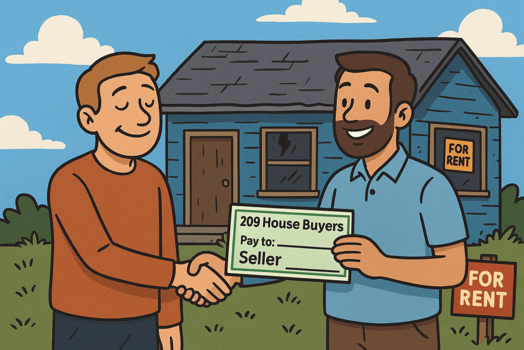 Cartoon-style illustration of a relieved landlord shaking hands with a casual cash buyer outside a worn rental home with a “For Rent” sign in the window and a realistic check from 209 House Buyers
